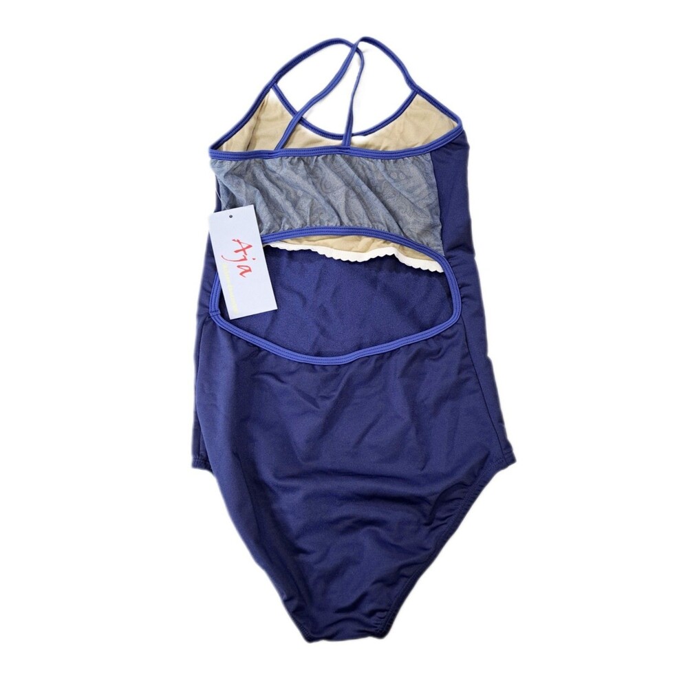 Aja VTG Blue Open Back Cutout Mesh Lace Crossback Tank Leotard AS/SA Size Small - Picture 10 of 14